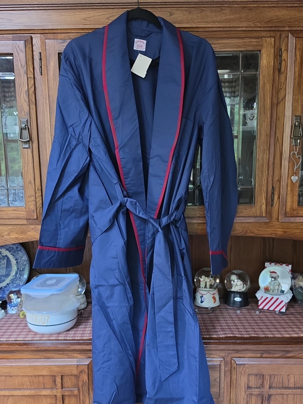 Brooks Brothers Navy Blue Lightweight Bathrobe  with Red Trim